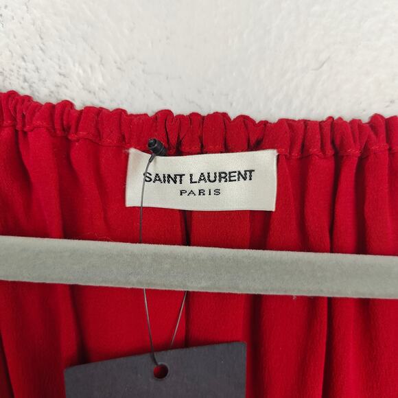 Saint Laurent Blouse Womens FR 40 US 8 Red Silk Puff Sleeve Drawstring Neckline - Picture 6 of 13